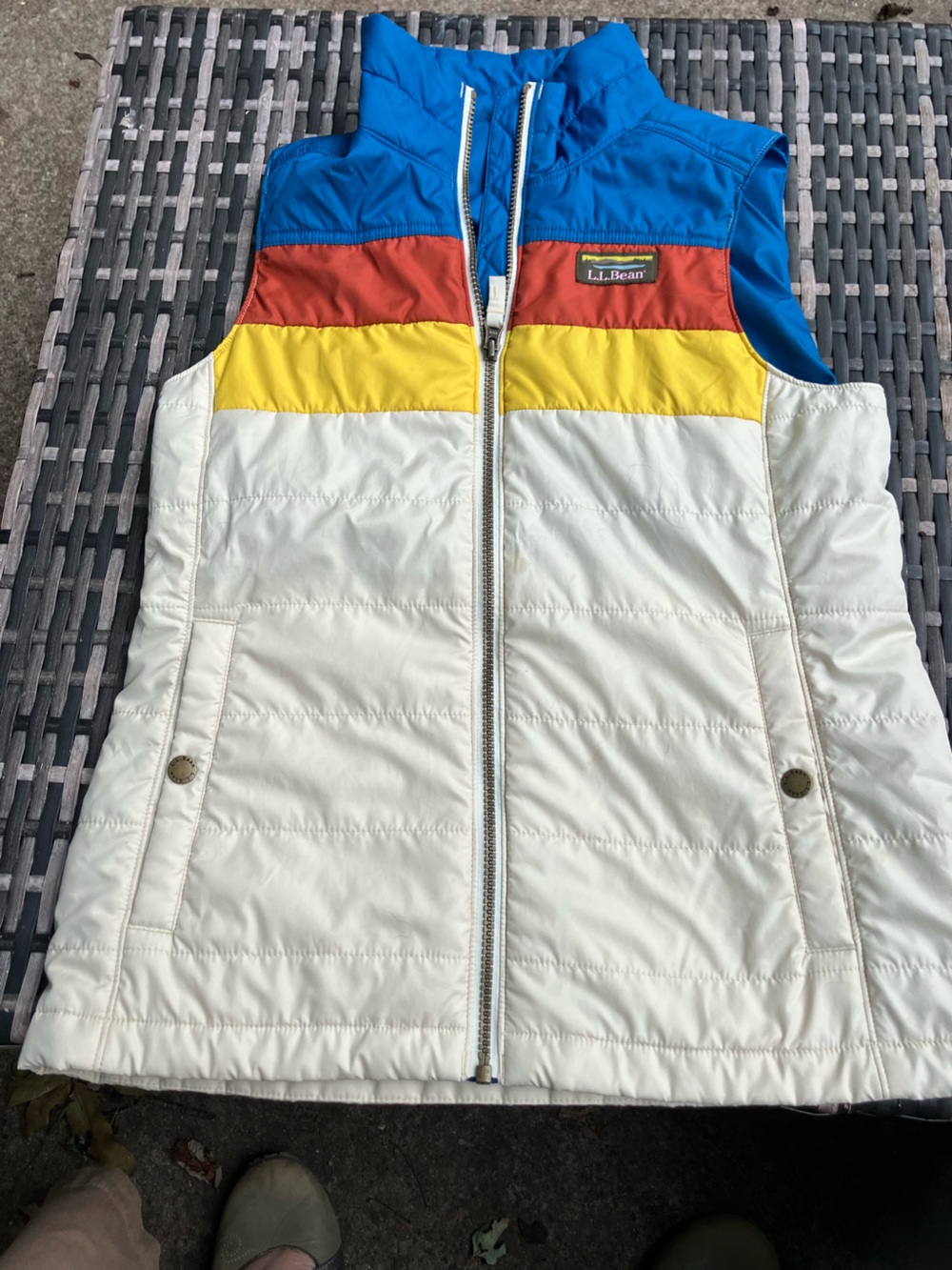 L.L. Bean White Puffer Vest with Blue, Rust and Yellow Panels